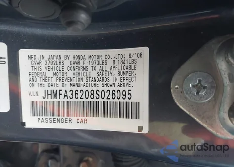 2008 Honda Civic Hybrid from USA, damaged, VIN JHMFA36208S026095